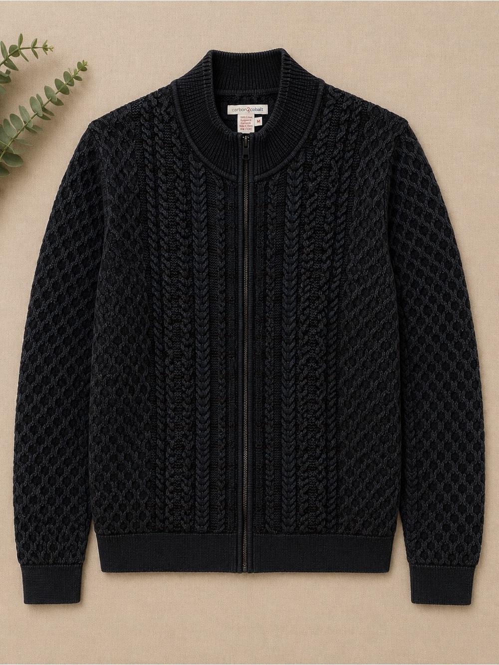 Carbon2Cobalt Black Full Zip Cable Knit Sweater Jacket Men’s Medium 100% Cotton